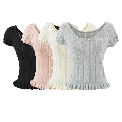Ribbed Scoop Neck Short-Sleeve Knit Top
