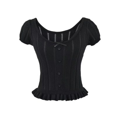 Ribbed Scoop Neck Short-Sleeve Knit Top