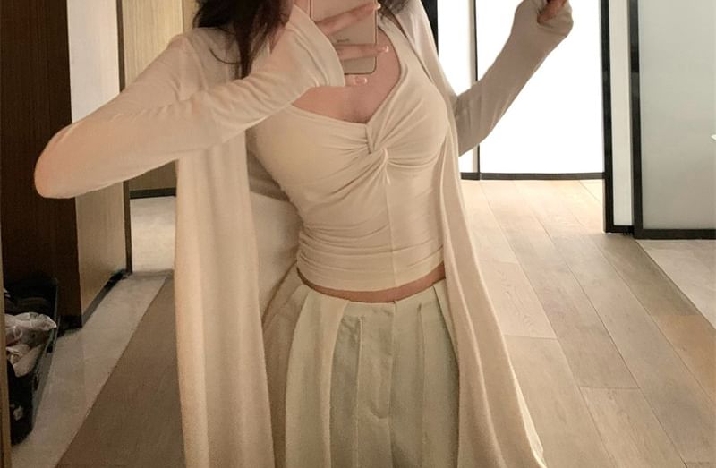Ruched Halter Crop Top & Wide Leg Pants & Cardigan Set