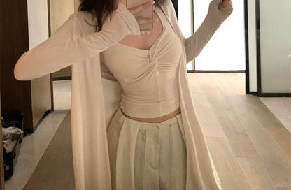 Ruched Halter Crop Top & Wide Leg Pants & Cardigan Set