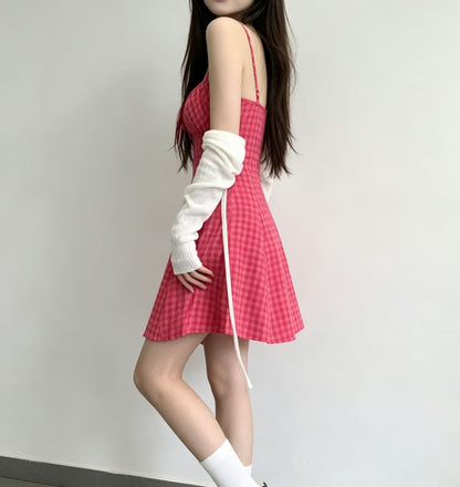 Set: Thin Strap Dotted Mini A-Line Dress + Light Scarf