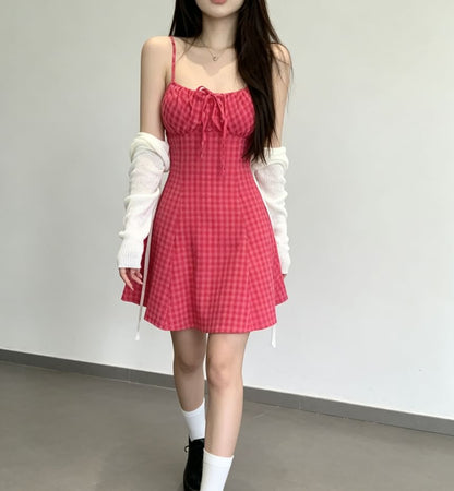 Set: Thin Strap Dotted Mini A-Line Dress + Light Scarf