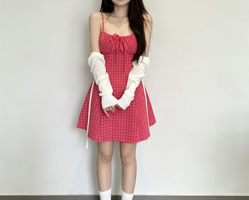 Set: Thin Strap Dotted Mini A-Line Dress + Light Scarf