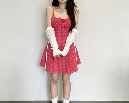 Set: Thin Strap Dotted Mini A-Line Dress + Light Scarf