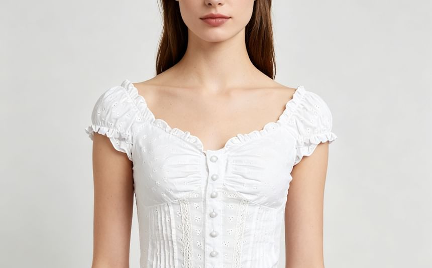 Eyelet Lace Ruffle-Trim Cap-Sleeve V-Neck Fitted Blouse
