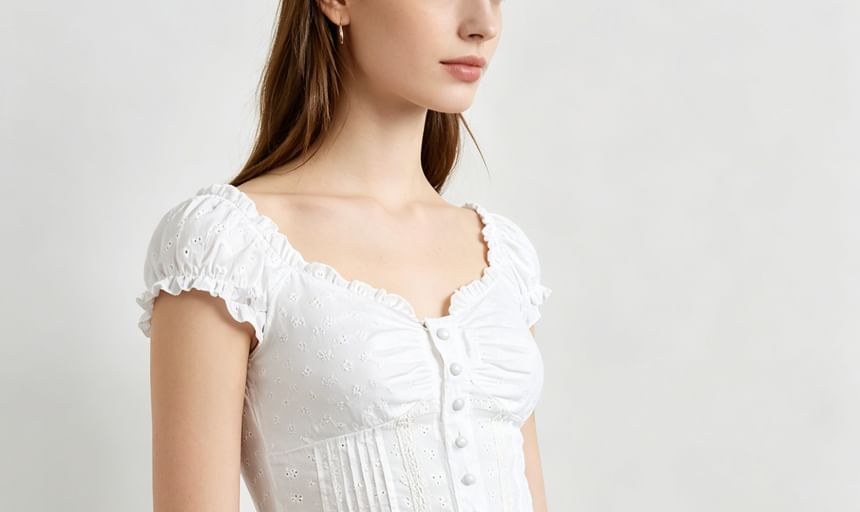 Eyelet Lace Ruffle-Trim Cap-Sleeve V-Neck Fitted Blouse