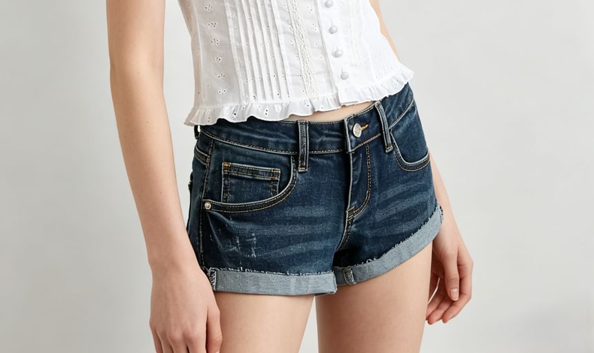Eyelet Lace Ruffle-Trim Cap-Sleeve V-Neck Fitted Blouse