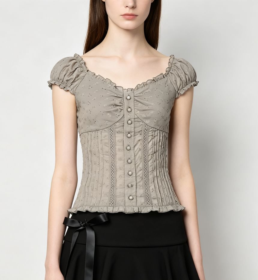 Eyelet Lace Ruffle-Trim Cap-Sleeve V-Neck Fitted Blouse