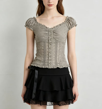 Eyelet Lace Ruffle-Trim Cap-Sleeve V-Neck Fitted Blouse
