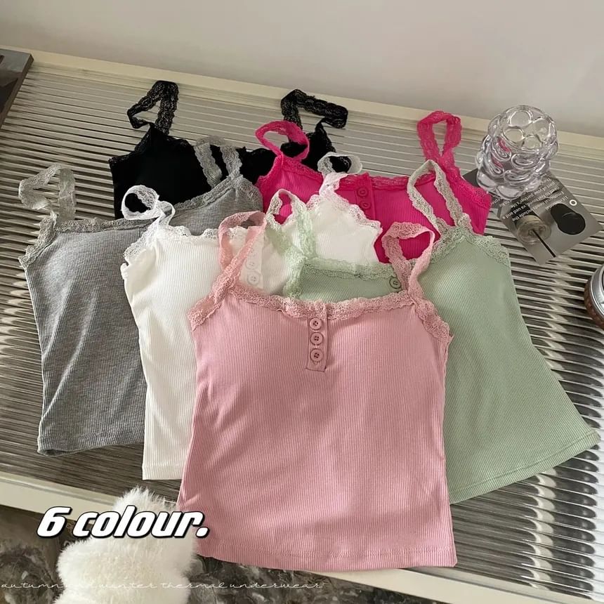 Padded Henley Lace-Trim Camisole