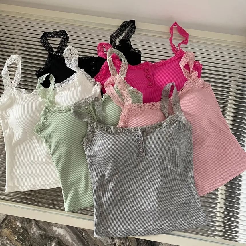 Padded Henley Lace-Trim Camisole
