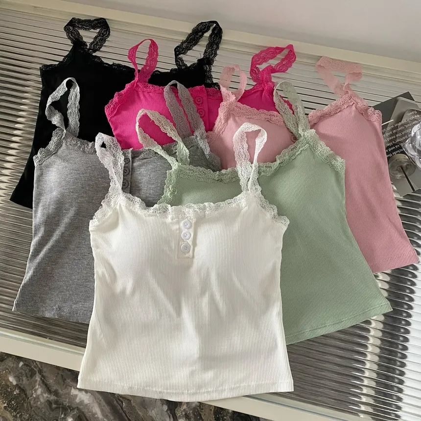 Padded Henley Lace-Trim Camisole