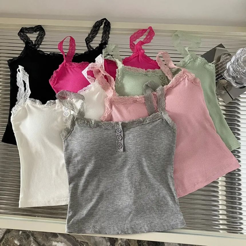 Padded Henley Lace-Trim Camisole