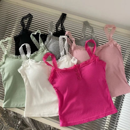 Padded Henley Lace-Trim Camisole