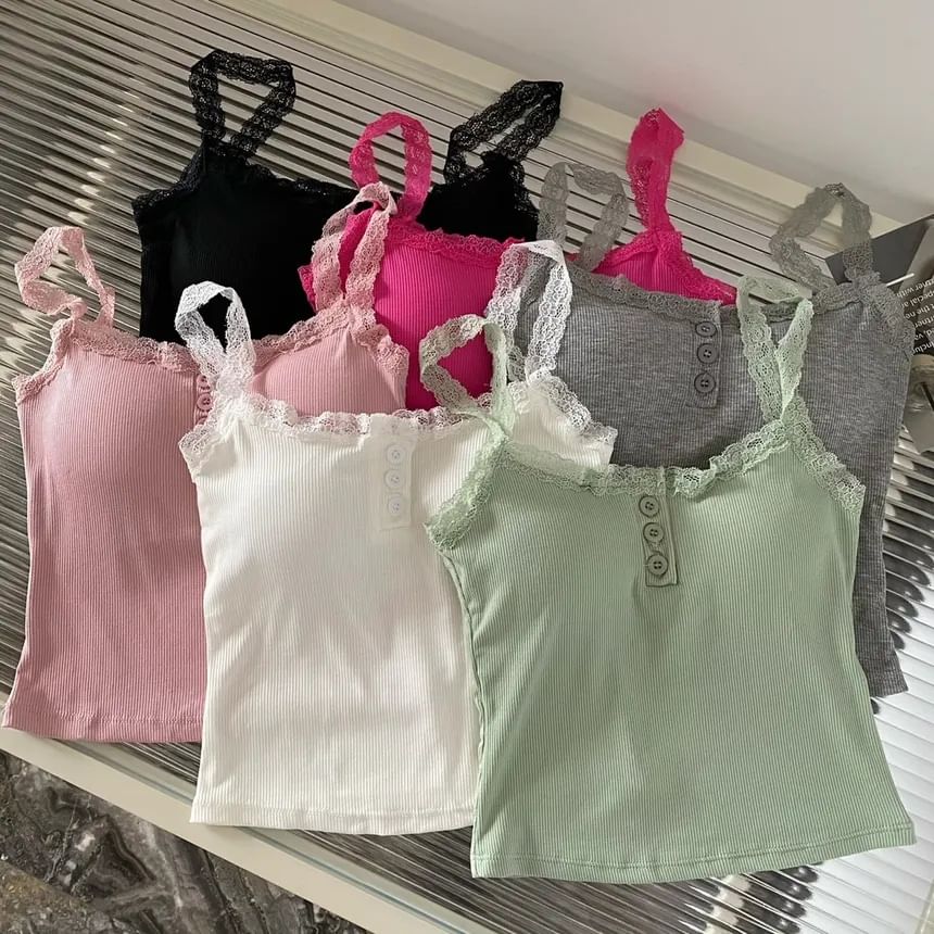 Padded Henley Lace-Trim Camisole