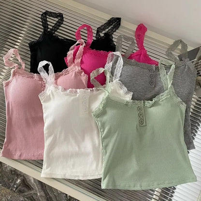 Padded Henley Lace-Trim Camisole