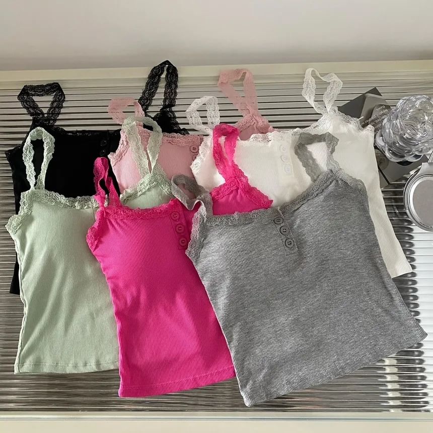 Padded Henley Lace-Trim Camisole