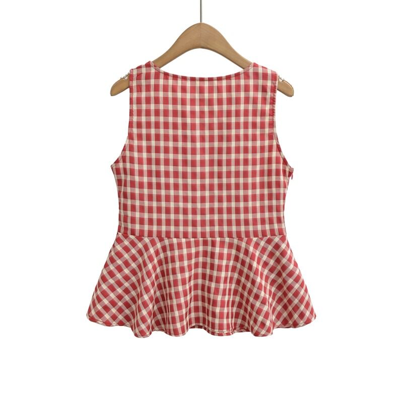 Plaid Ruched Peplum V-Neck Top