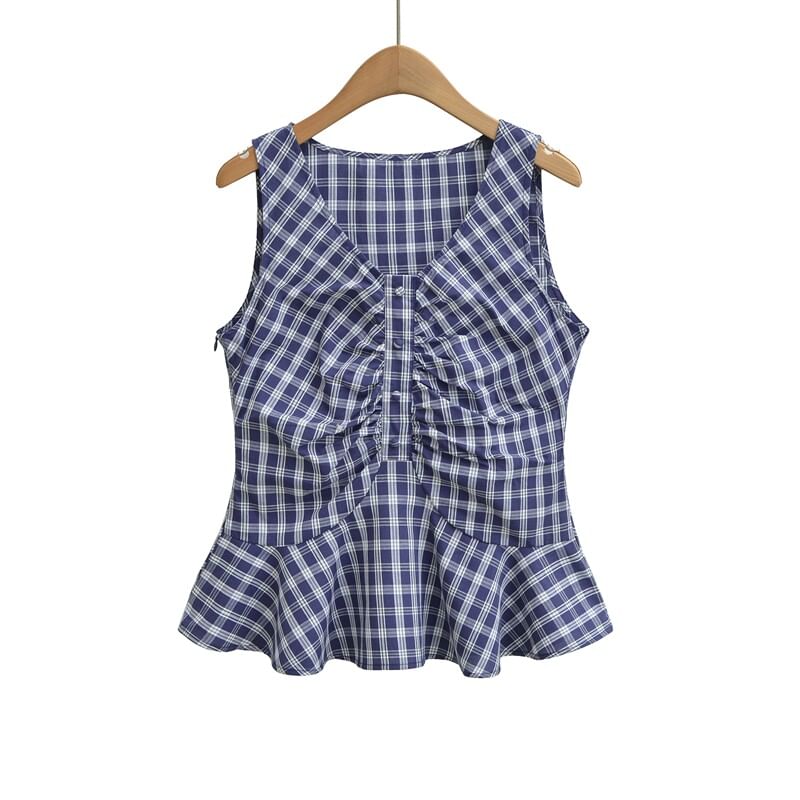 Plaid Ruched Peplum V-Neck Top