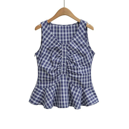 Plaid Ruched Peplum V-Neck Top