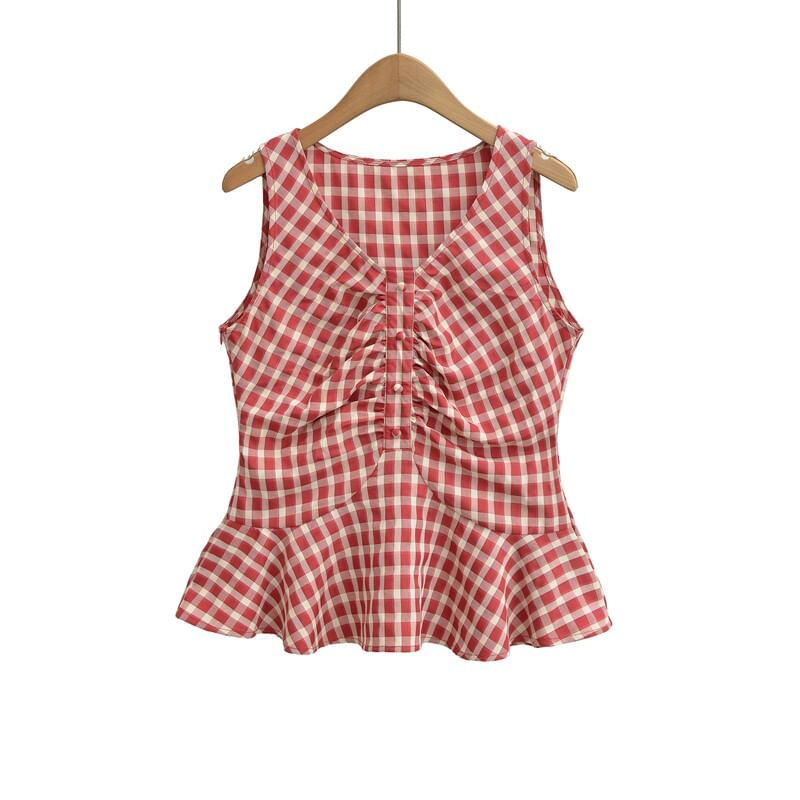 Plaid Ruched Peplum V-Neck Top