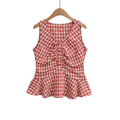 Plaid Ruched Peplum V-Neck Top