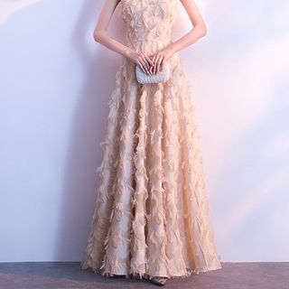 Short-Sleeve Fringed Evening Gown Trim A-Line