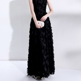 Short-Sleeve Fringed Evening Gown Trim A-Line