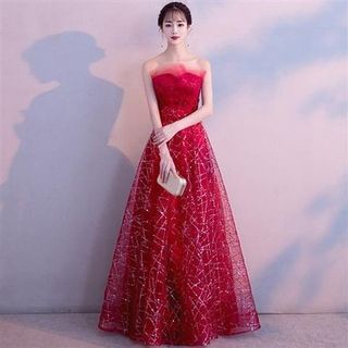 Mesh Glitter Gown Evening Maxi Strapless