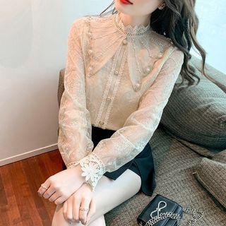 Mock-Neck Pearl-Accent Lace-Trim Chiffon Blouse