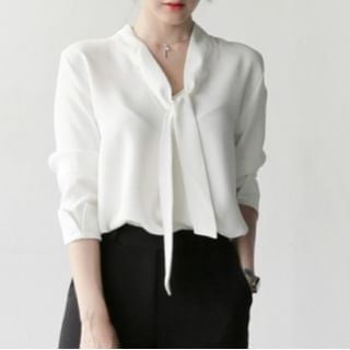 Lace-Up V-Neck Chiffon Long-Sleeve Blouse