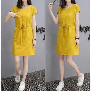 Short-Sleeve V-Neck Plain Drawstring-Waist Mini A-Line Dress