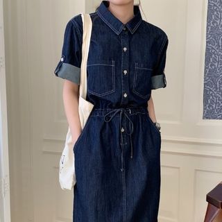 Roll-Sleeve Denim Midi Shirt Dress