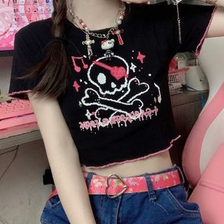 Short-Sleeve Crew Neck Skull Print Contrast Trim Crop Tee