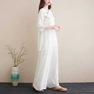 Set: 3/4-Sleeve Plain Frog Buttoned Cheongsam Top + High Rise Plain Wide Leg Pants