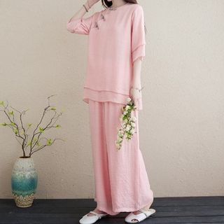 Set: 3/4-Sleeve Plain Frog Buttoned Cheongsam Top + High Rise Plain Wide Leg Pants