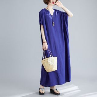 V-Neck Short Sleeve Shift Maxi Dress