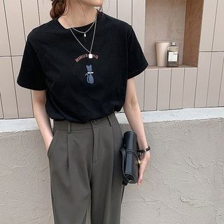 Short-Sleeve Crew Neck Cat Print T-Shirt