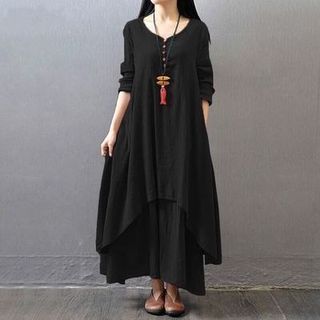 V-Neck Long Sleeve Asymmetrical A-Line Maxi