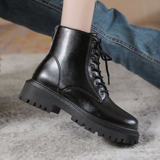 Faux Leather Platform Chunky Heel Lace-Up Short Boots