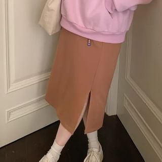 Elevated Waistline Solid Side-Slit Midi Straight Skirt