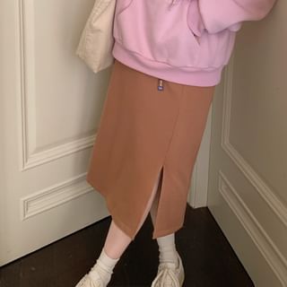 Elevated Waistline Solid Side-Slit Midi Straight Skirt
