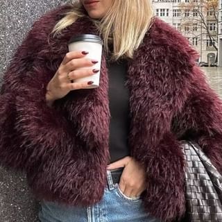 Lapel Collar Plain Fluffy Open Front Crop Jacket