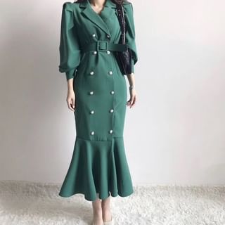 Puff Sleeve Double-Breasted Belted Mermaid Gown