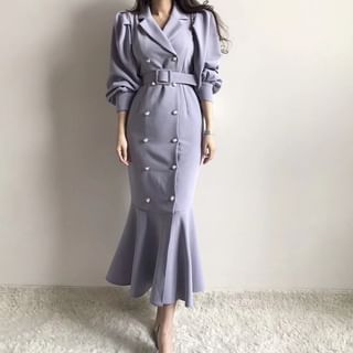 Puff Sleeve Double-Breasted Belted Mermaid Gown