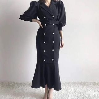 Puff Sleeve Double-Breasted Belted Mermaid Gown
