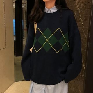 Crewneck Printed Plaid Color-Block Oversize Sweater