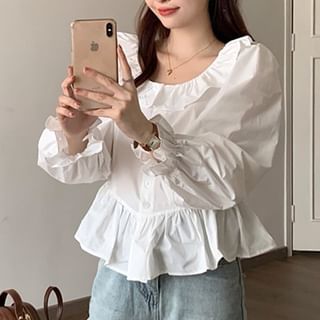 Bluse mit Puffärmeln, Kragen und schlichter Rüschenbluse