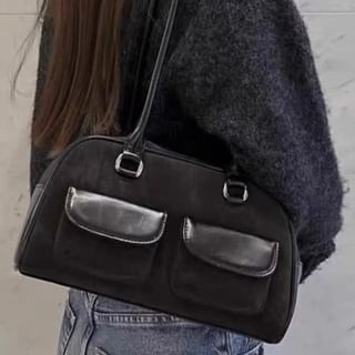 Flap Pocket Panel Faux Suede Bowler Bag