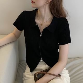 Polo Zip Knit Top Short-Sleeve Plain